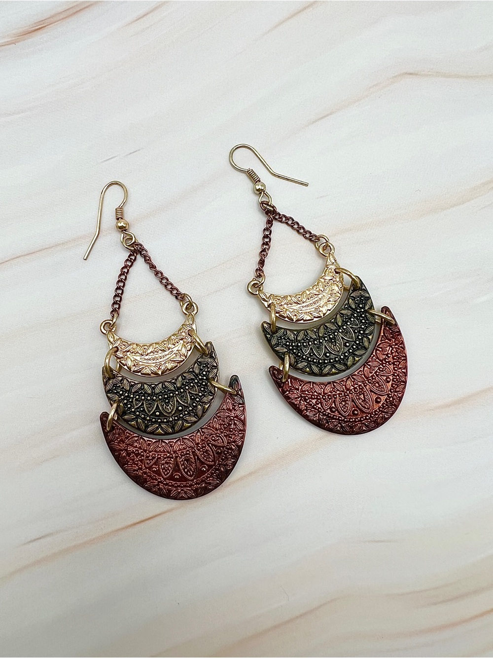 Tri-Tone Crescent Filigree Drop Earrings - Pink, Black & Gold